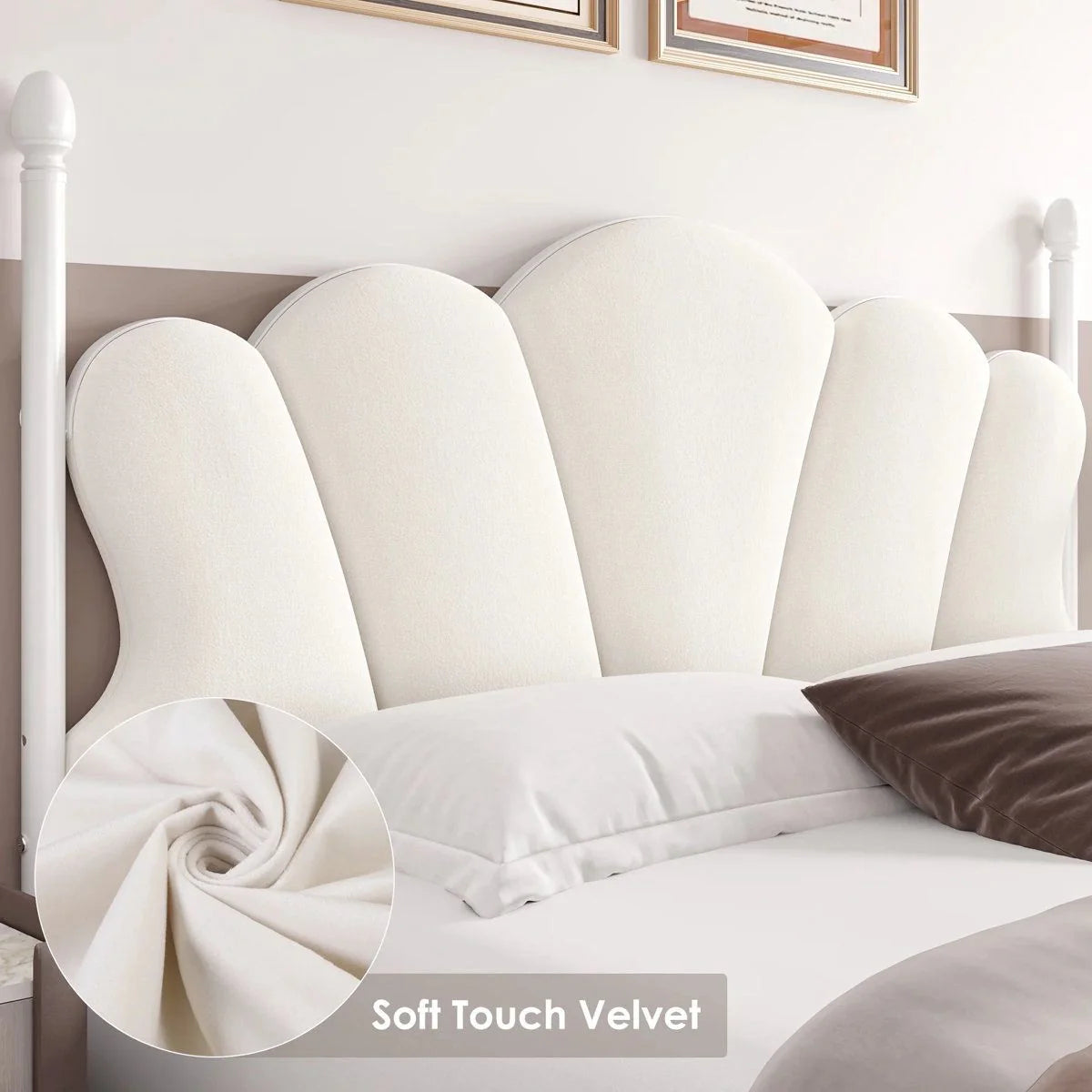 Velvet Upholstered Full-Size Bed Frame with 4 Storage Drawers, Cloud-Shaped Headboard, Sturdy Metal Slat Support, No Box Spring Required, Beige