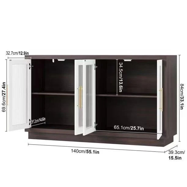 Wooden 55.1"W Modern Sideboard Buffet with Fluted Glass Doors, Accent Cabinet Console Table TV Stand, Brown & White