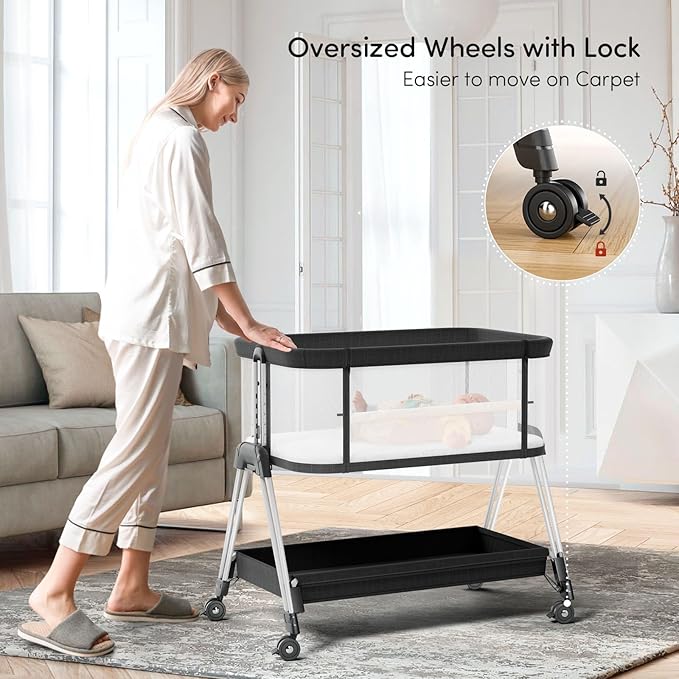 Baby Bassinet Bedside Sleeper with Wheels, Storage Tray, 4-Sided Mesh, 7-Height Adjustable, Easy-Fold Crib for Newborns