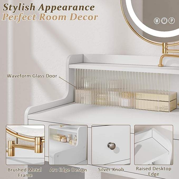 Modern White Makeup Table Desk with Stool and 360° Rotating LED Mirror with 3 LED Light Modes and Elegant Striped Glass Doors