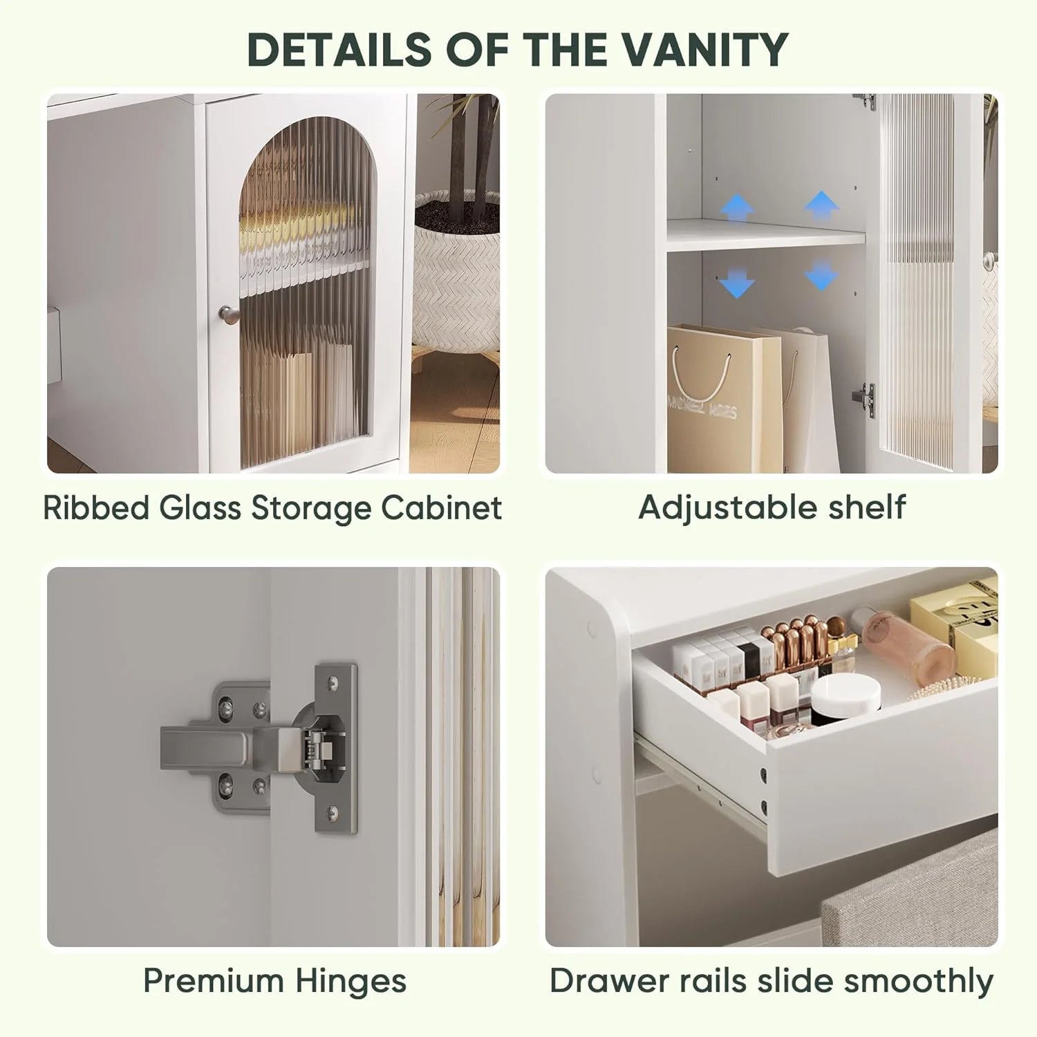 Modern White Makeup Table Desk with Stool and 360° Rotating LED Mirror with 3 LED Light Modes and Elegant Striped Glass Doors