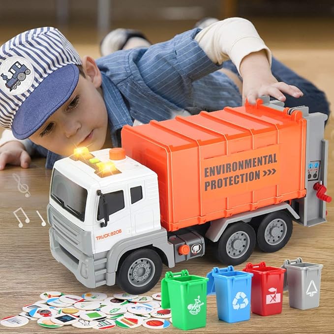 12" Garbage Truck Toys Trash Truck Dump Truck with 4 Garbage Cans, Friction Powered Truck with Sound and Light,Push and Go Pull Back Car for Boys