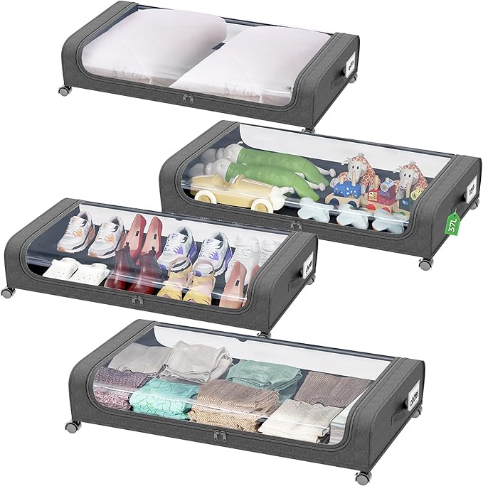 Under Bed Storage With Wheels, 2-Pack Metal Under-Bed Shoe Organizers, Storage Containers with Wheels for Clothes, Toys, Blankets, Shoes, and Bedding in Bedroom（2 Pack）
