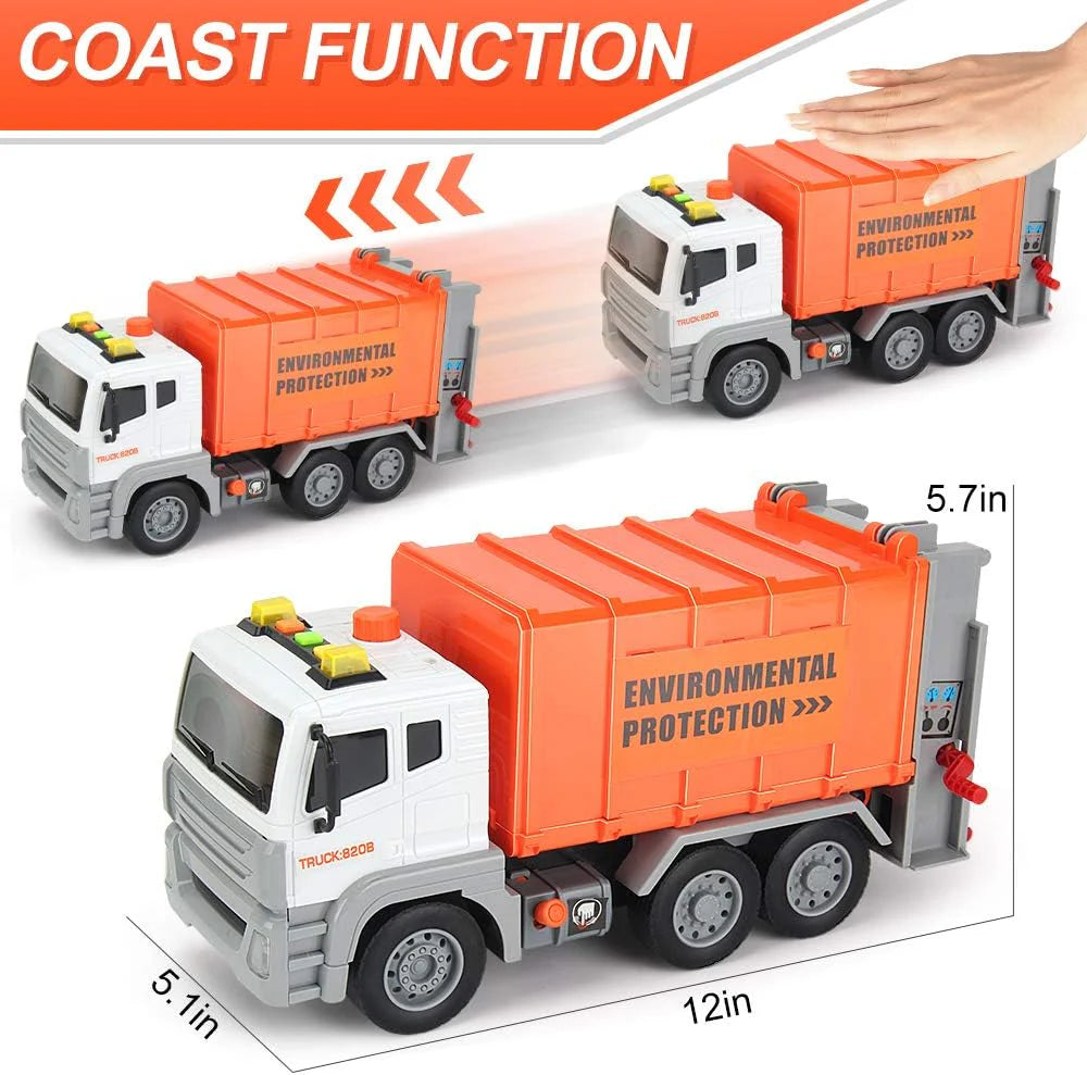 12" Garbage Truck Toys Trash Truck Dump Truck with 4 Garbage Cans, Friction Powered Truck with Sound and Light,Push and Go Pull Back Car for Boys