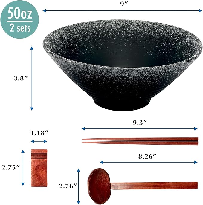 VUDECO 50oz Black Ceramic Ramen Bowl Set(Set of 2) – Includes Chopsticks, Spoons & Rests – Microwave-Safe Bowls for Ramen, Pho, Udon, Salad, Soup or Cereal