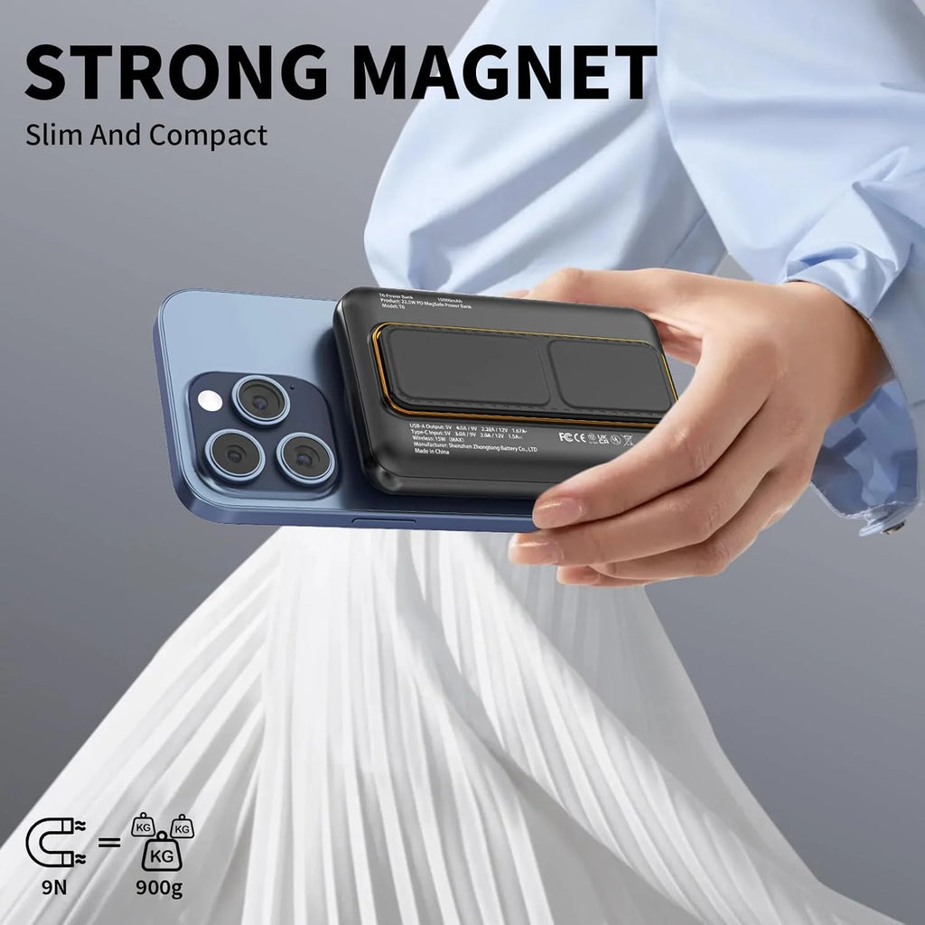 Magnetic Power Bank 10000mAh, Wireless Portable Charger with Stand, 15W Fast Charging Magnetic Battery Pack w/USB-Type C, Compatible with Magsafe iPhone and Android Phone, iphone 16/15/14/13/12