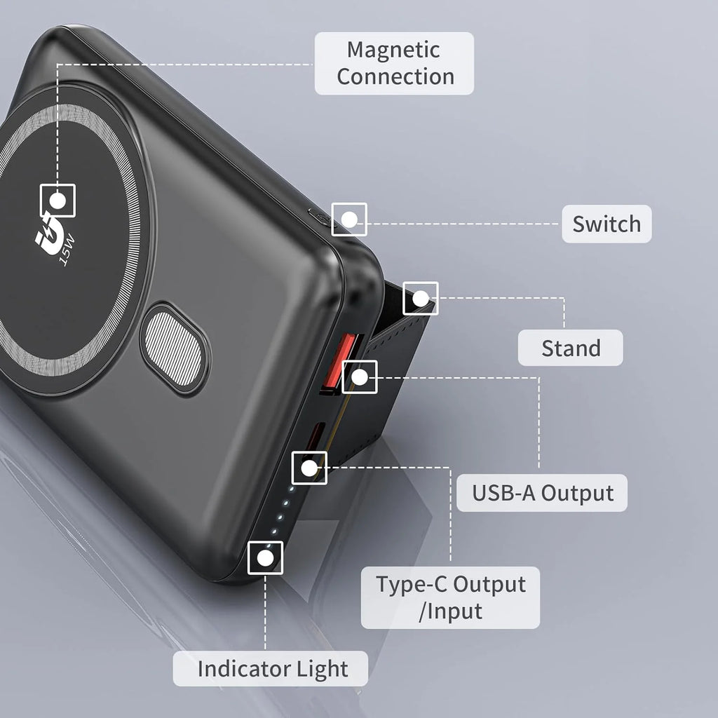 Magnetic Power Bank 10000mAh, Wireless Portable Charger with Stand, 15W Fast Charging Magnetic Battery Pack w/USB-Type C, Compatible with Magsafe iPhone and Android Phone, iphone 16/15/14/13/12