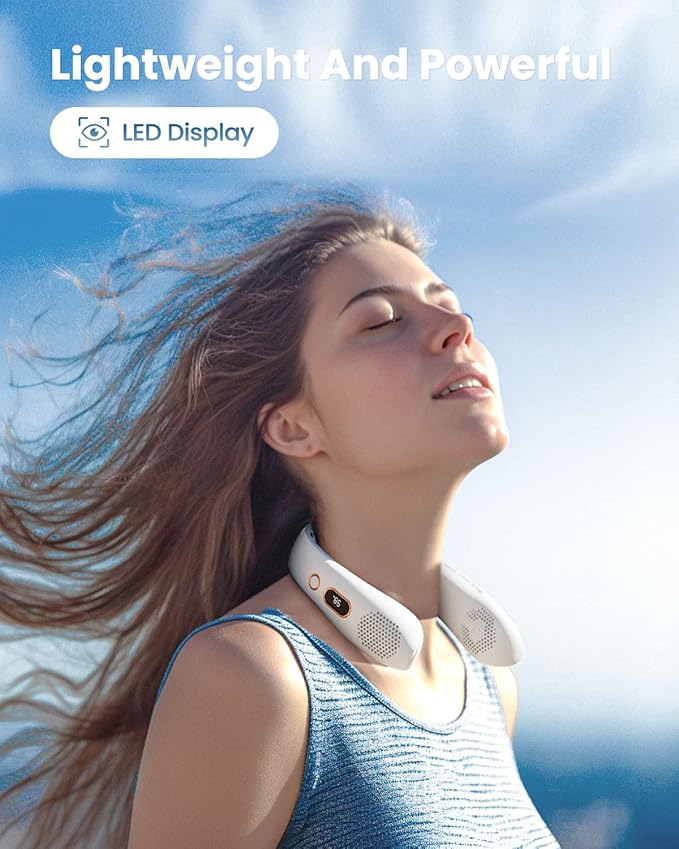 Portable Neck Fan with LED Display, 3 Speeds, 4000mAh Rechargeable Battery, Low Noise, Hands-Free Cooling for Travel, Work, Indoor & Outdoor (White)