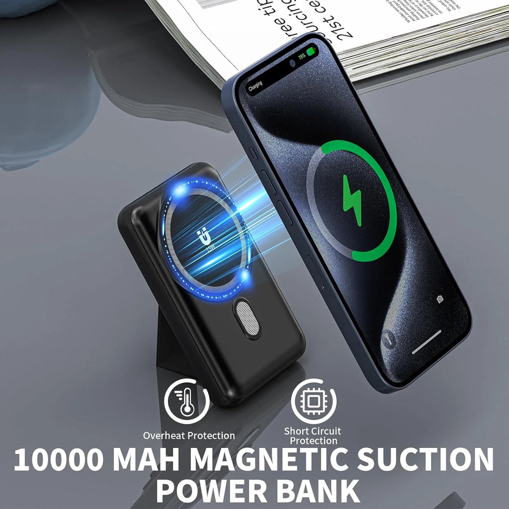 Magnetic Power Bank 10000mAh, Wireless Portable Charger with Stand, 15W Fast Charging Magnetic Battery Pack w/USB-Type C, Compatible with Magsafe iPhone and Android Phone, iphone 16/15/14/13/12