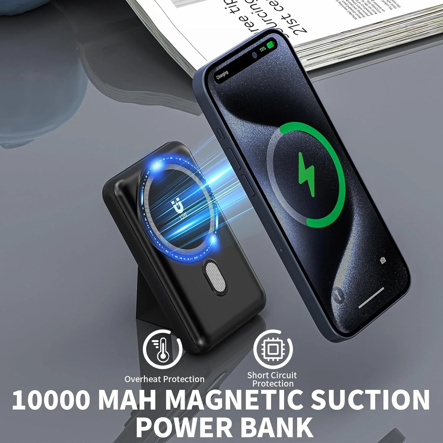 Magnetic Power Bank 10000mAh, Wireless Portable Charger with Stand, 15W Fast Charging Magnetic Battery Pack w/USB-Type C, Compatible with Magsafe iPhone and Android Phone, iphone 16/15/14/13/12