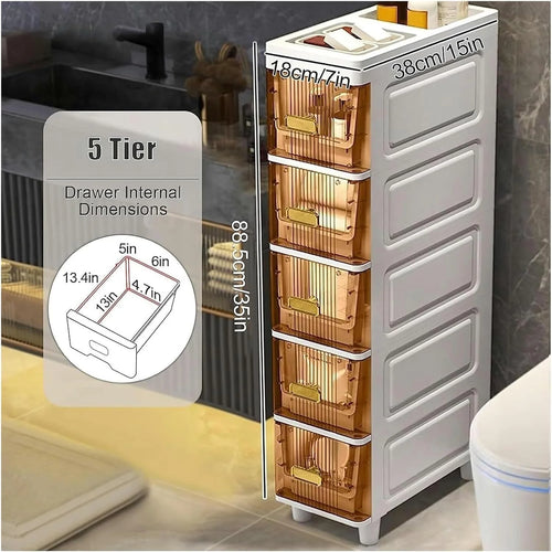 5-Tier Bathroom Storage Cabinet, Narrow Bathroom Cabinet with 5 Tier Narrow Storage Drawers for Kitchen, Bathroom Corner and Small Narrow Space