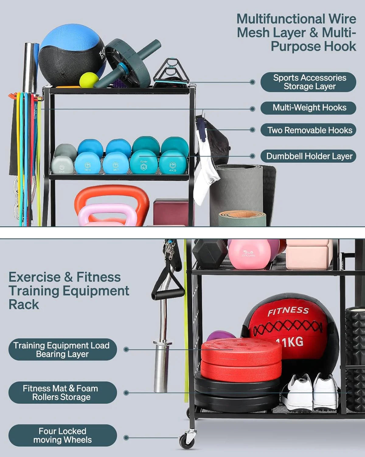 All-in-One Sports & Gym Storage Rack, Yoga Mat Storage Rack Workout Equipment Storage Rack for Dumbbells Kettlebell Resistance Band, Exercise Equipment Gym Rack Organizer with Wheel and Levelling Feet