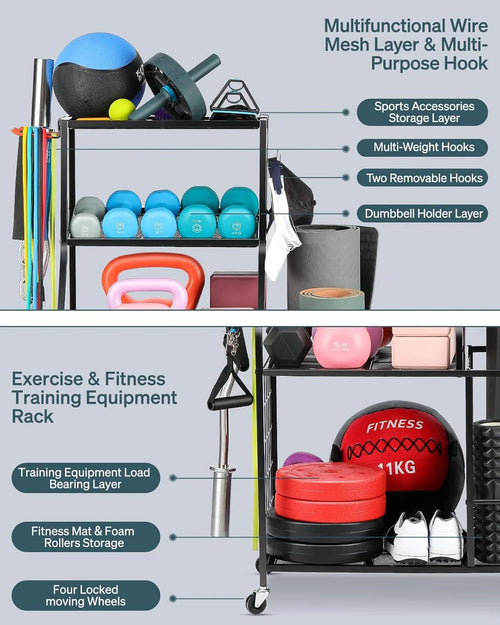 All-in-One Sports & Gym Storage Rack, Yoga Mat Storage Rack Workout Equipment Storage Rack for Dumbbells Kettlebell Resistance Band, Exercise Equipment Gym Rack Organizer with Wheel and Levelling Feet