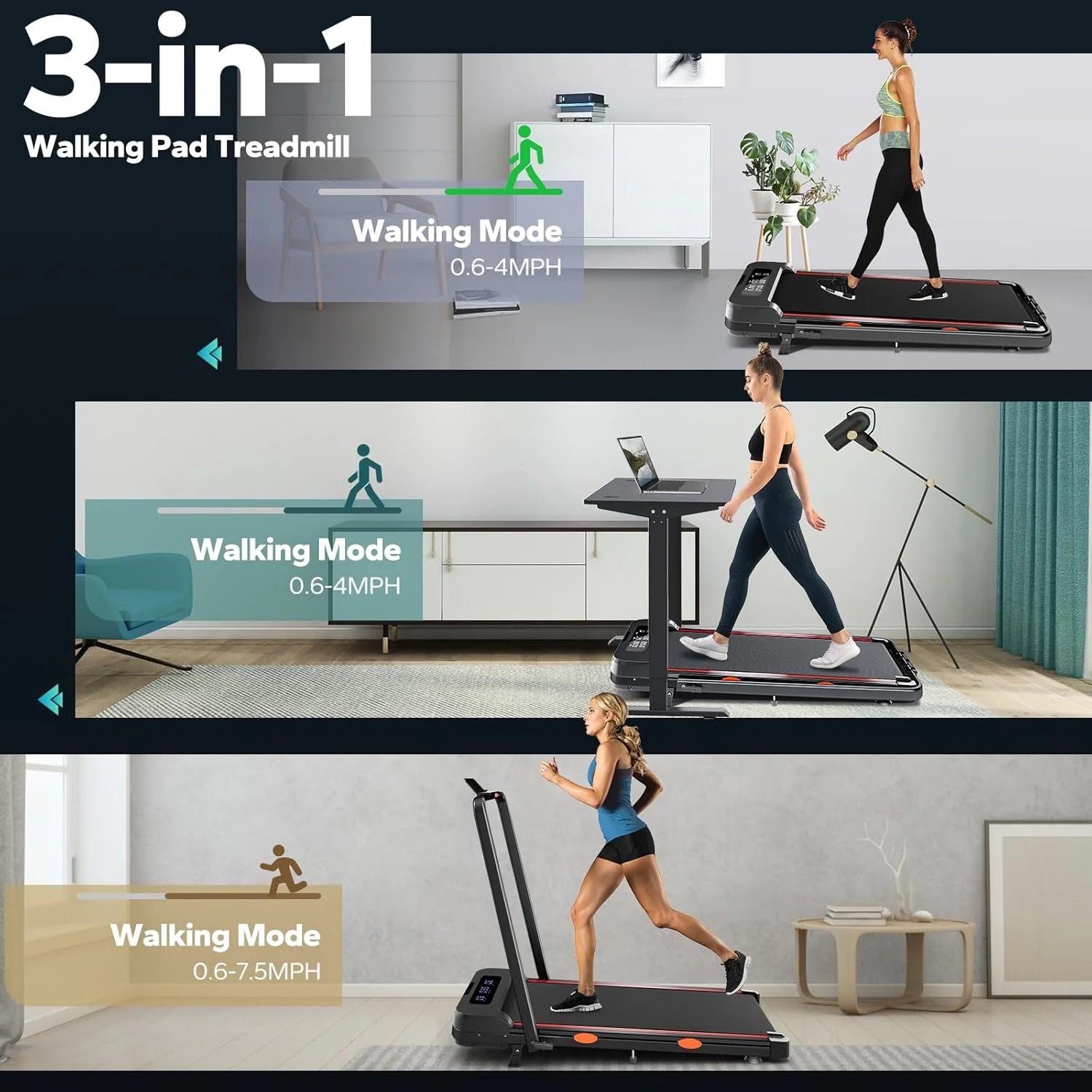 Walking Pad with Incline, Under Desk Treadmill for Home Office, Walking Pad with Handle Bar, 3 in 1 Folding Treadmill with LED Display Wristband Remote Control, 2.5 HP, 300 lbs Capacity