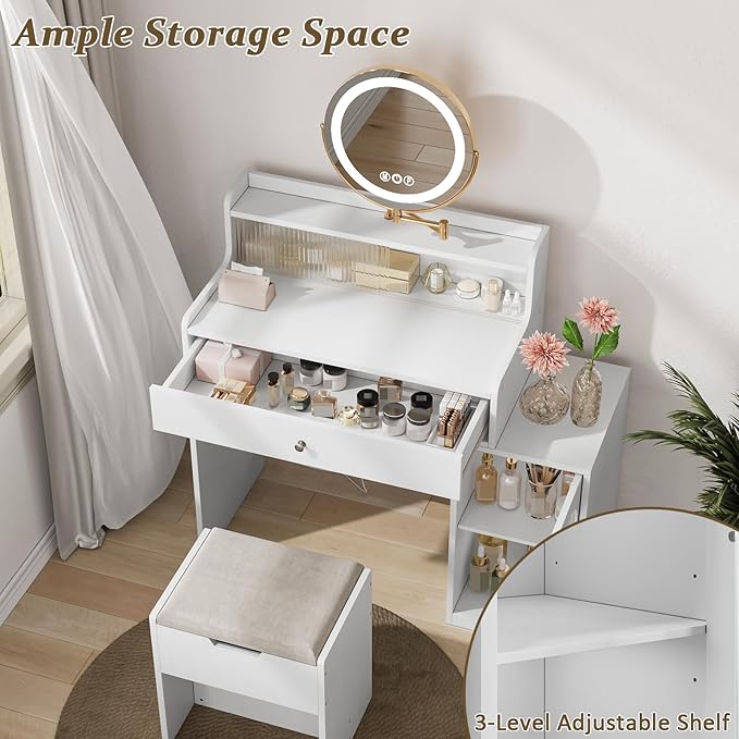 Modern White Makeup Table Desk with Stool and 360° Rotating LED Mirror with 3 LED Light Modes and Elegant Striped Glass Doors