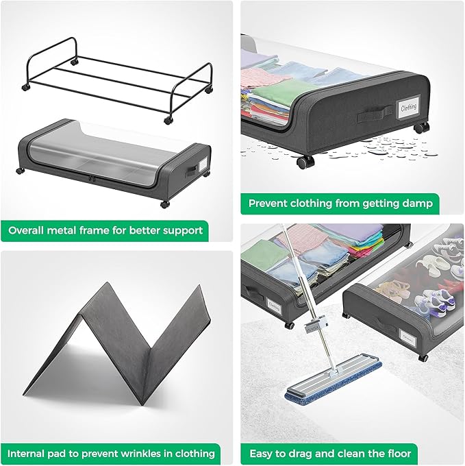 Under Bed Storage With Wheels, 2-Pack Metal Under-Bed Shoe Organizers, Storage Containers with Wheels for Clothes, Toys, Blankets, Shoes, and Bedding in Bedroom（2 Pack）