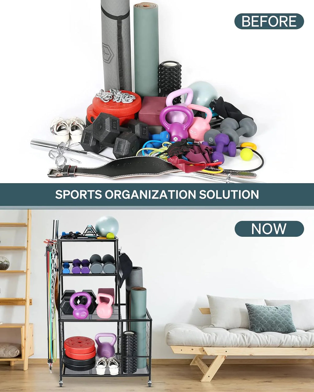 All-in-One Sports & Gym Storage Rack, Yoga Mat Storage Rack Workout Equipment Storage Rack for Dumbbells Kettlebell Resistance Band, Exercise Equipment Gym Rack Organizer with Wheel and Levelling Feet