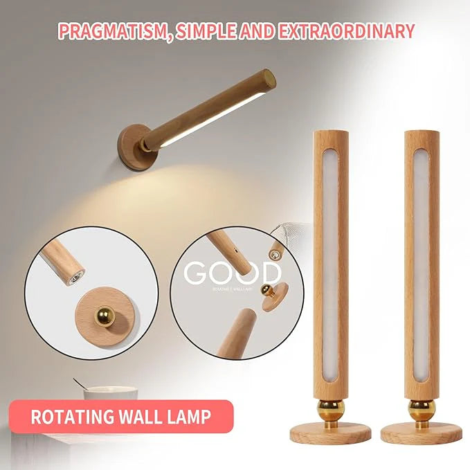 2pcs Rotatable Wooden Led Wall Lamp Magnetic USB Rechargeable Wall Sconces Battery Operated Led Night Light for Household (Beech Wood)