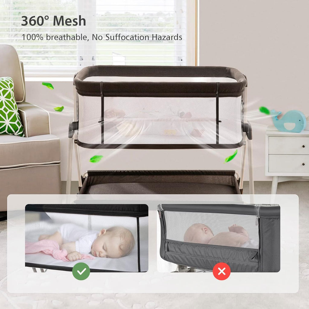 Baby Bassinet Bedside Sleeper with Wheels, Storage Tray, 4-Sided Mesh, 7-Height Adjustable, Easy-Fold Crib for Newborns