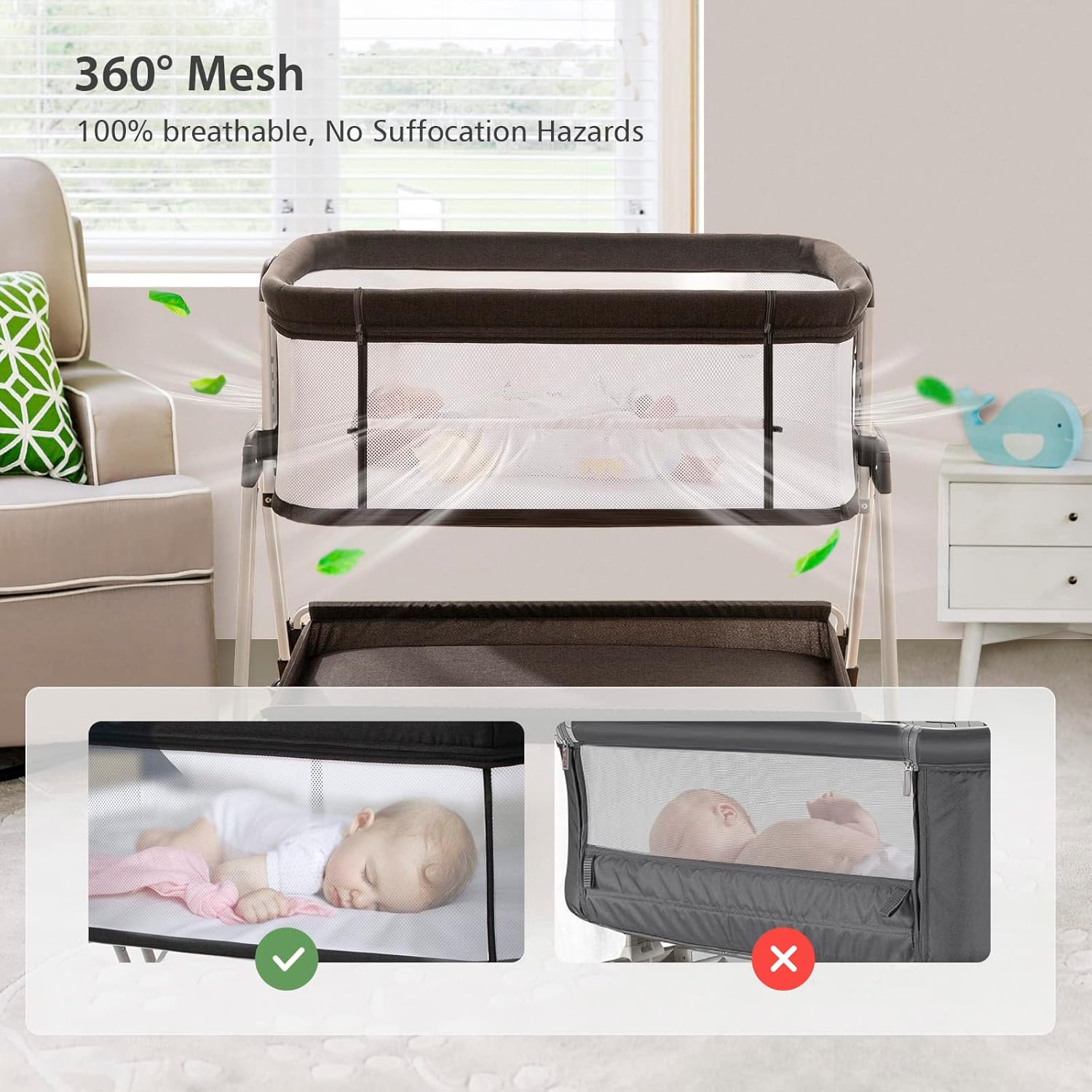 Baby Bassinet Bedside Sleeper with Wheels, Storage Tray, 4-Sided Mesh, 7-Height Adjustable, Easy-Fold Crib for Newborns