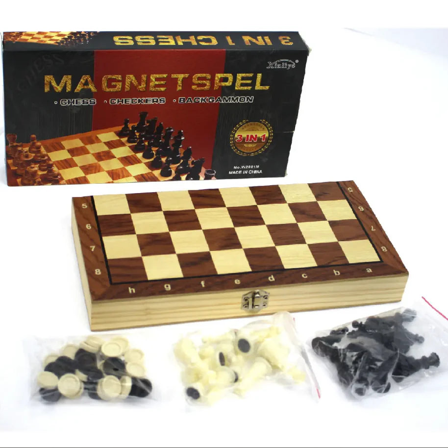 Travel Chess Set for Kids & Adults, 3-in-1 Chess and Checkers Set, 15'' Portable Board Game, Wooden Strategy Board Game Toy Gift for Kids Friends