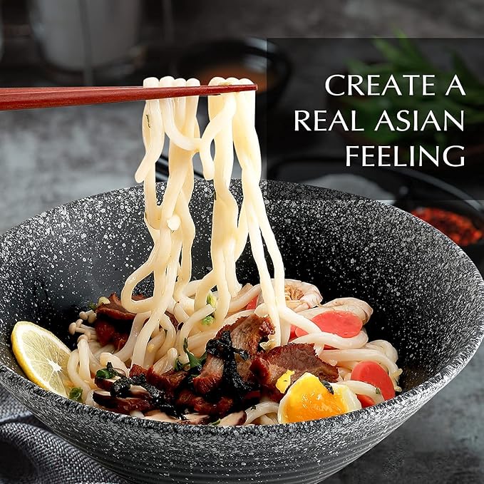 VUDECO 50oz Black Ceramic Ramen Bowl Set(Set of 2) – Includes Chopsticks, Spoons & Rests – Microwave-Safe Bowls for Ramen, Pho, Udon, Salad, Soup or Cereal