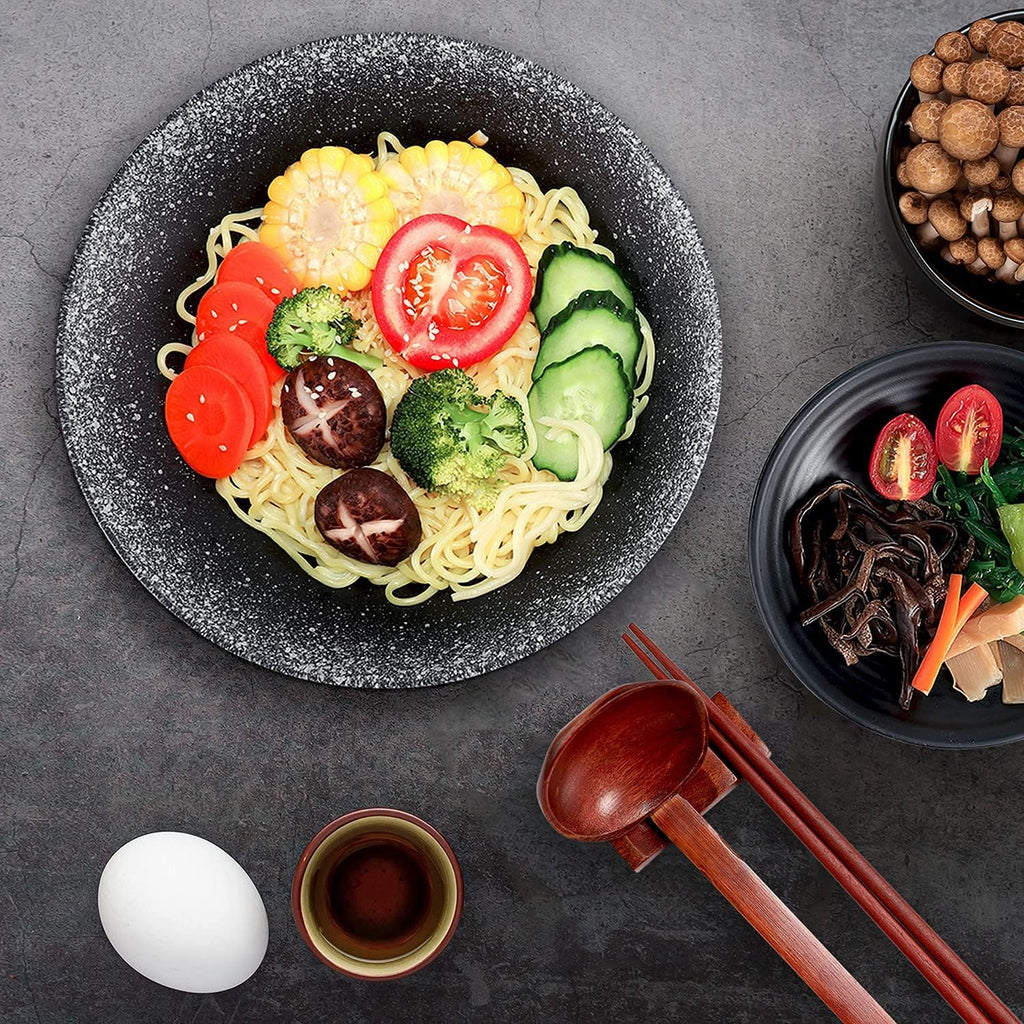 VUDECO 50oz Black Ceramic Ramen Bowl Set(Set of 2) – Includes Chopsticks, Spoons & Rests – Microwave-Safe Bowls for Ramen, Pho, Udon, Salad, Soup or Cereal