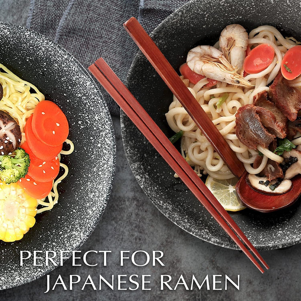 VUDECO 50oz Black Ceramic Ramen Bowl Set(Set of 2) – Includes Chopsticks, Spoons & Rests – Microwave-Safe Bowls for Ramen, Pho, Udon, Salad, Soup or Cereal