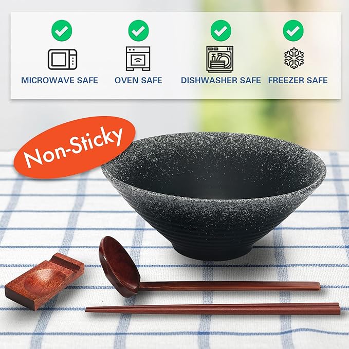 VUDECO 50oz Black Ceramic Ramen Bowl Set(Set of 2) – Includes Chopsticks, Spoons & Rests – Microwave-Safe Bowls for Ramen, Pho, Udon, Salad, Soup or Cereal