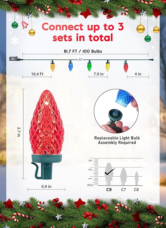 Minetom C9 LED Outdoor Christmas Lights, 81 Feet 100 LED String Lights with Timer & 8 Lighting Mode, Waterproof Commercial Grade Extendable for Indoor Outside Roofline Patio Home Xmas Decoration, Multicolor