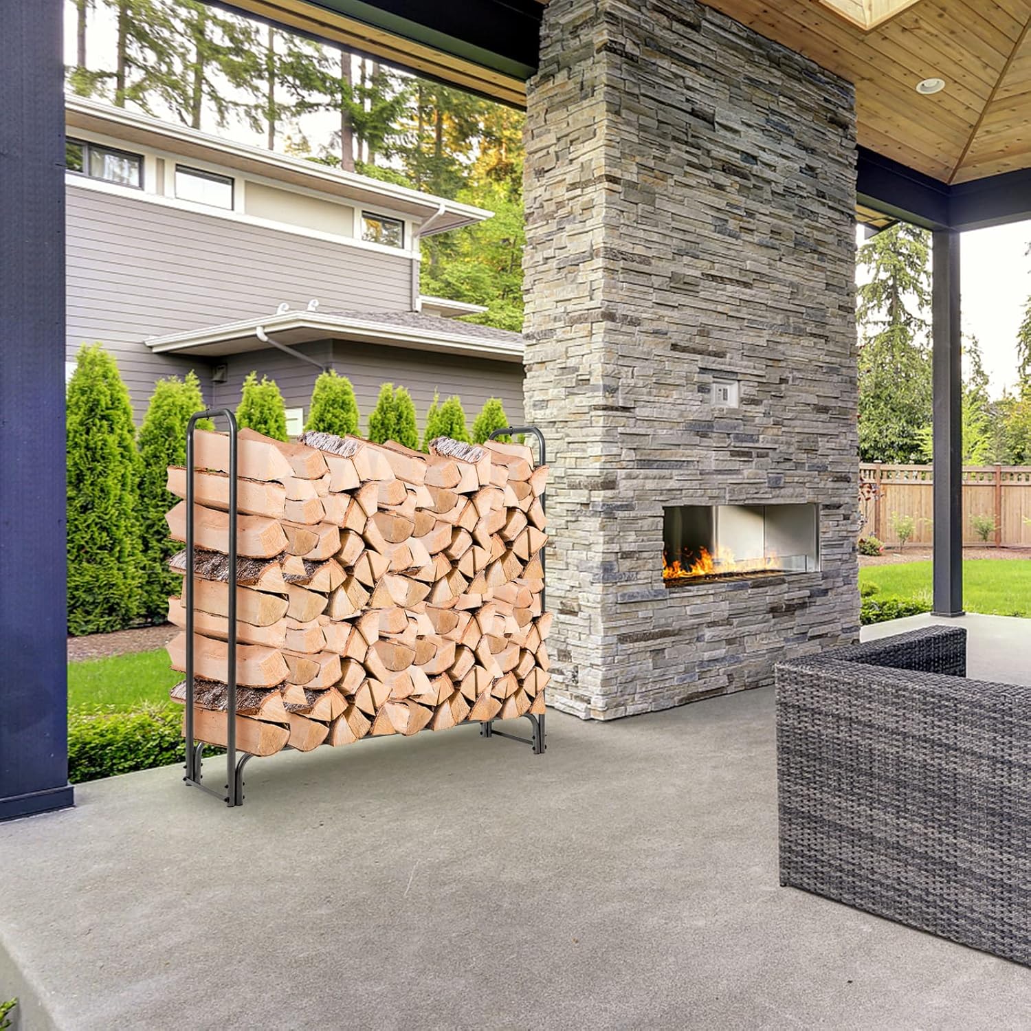 Firewood Rack with Waterproof Cover, 122.5 x 35.5 x 122.5 cm，Firewood Stand for Outdoor Use