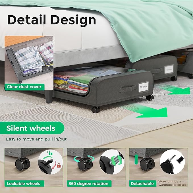 Under Bed Storage With Wheels, 2-Pack Metal Under-Bed Shoe Organizers, Storage Containers with Wheels for Clothes, Toys, Blankets, Shoes, and Bedding in Bedroom（2 Pack）