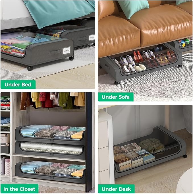 Under Bed Storage With Wheels, 2-Pack Metal Under-Bed Shoe Organizers, Storage Containers with Wheels for Clothes, Toys, Blankets, Shoes, and Bedding in Bedroom（2 Pack）