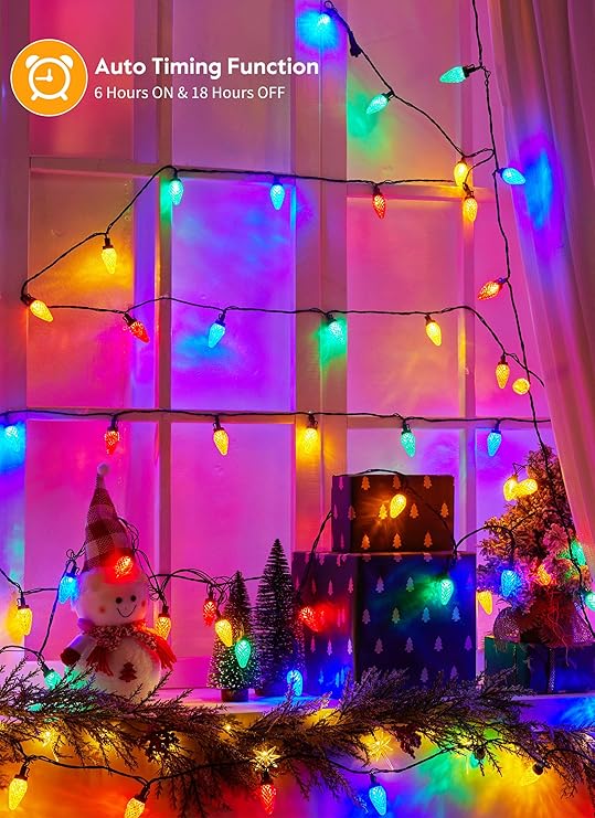 Minetom C9 LED Outdoor Christmas Lights, 81 Feet 100 LED String Lights with Timer & 8 Lighting Mode, Waterproof Commercial Grade Extendable for Indoor Outside Roofline Patio Home Xmas Decoration, Multicolor