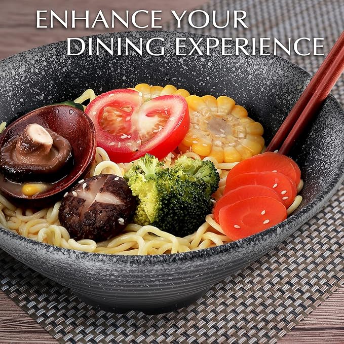 VUDECO 50oz Black Ceramic Ramen Bowl Set(Set of 2) – Includes Chopsticks, Spoons & Rests – Microwave-Safe Bowls for Ramen, Pho, Udon, Salad, Soup or Cereal