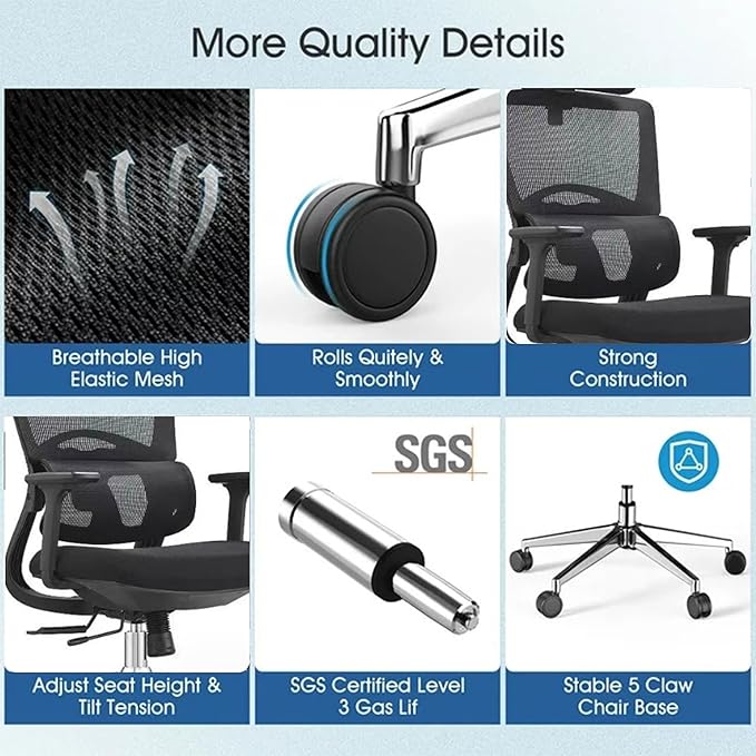 Ergonomic Office Chair, Height Adjustable Desk Chair and Gaming Chair with Lift Function, Lumbar Support for Home, Office (Black)