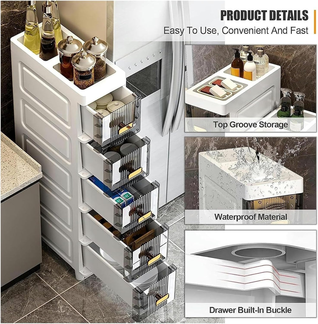 5-Tier Bathroom Storage Cabinet, Narrow Bathroom Cabinet with 5 Tier Narrow Storage Drawers for Kitchen, Bathroom Corner and Small Narrow Space