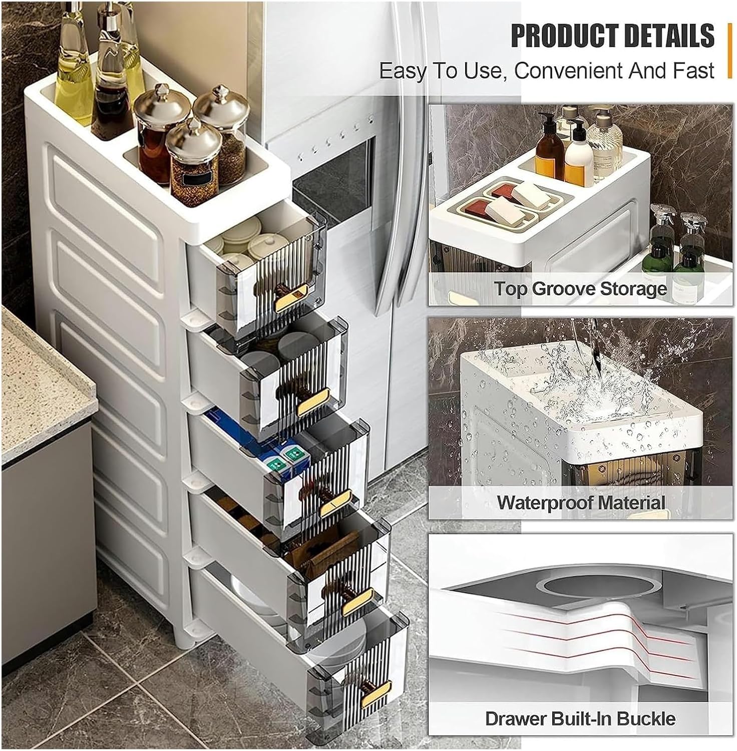 5-Tier Bathroom Storage Cabinet, Narrow Bathroom Cabinet with 5 Tier Narrow Storage Drawers for Kitchen, Bathroom Corner and Small Narrow Space