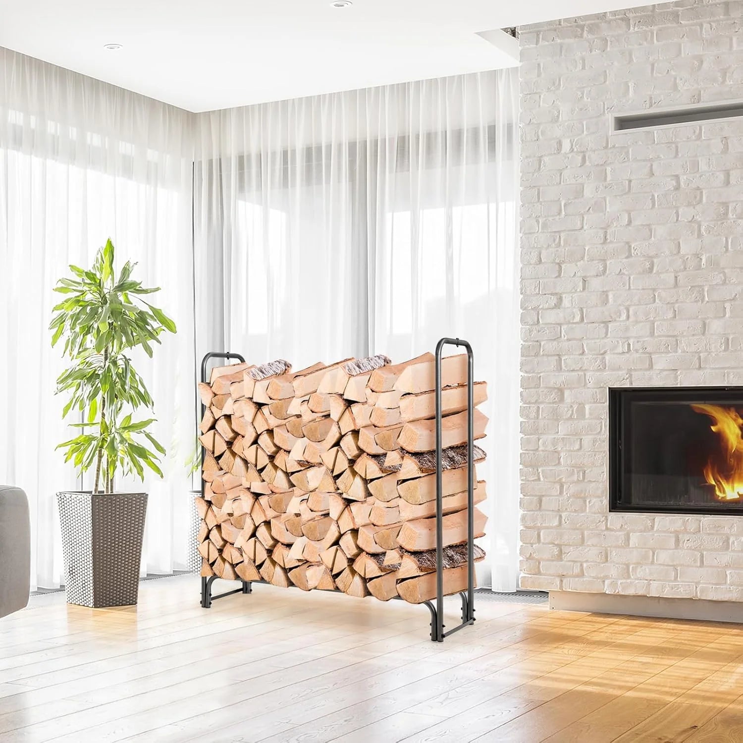Firewood Rack with Waterproof Cover, 122.5 x 35.5 x 122.5 cm，Firewood Stand for Outdoor Use