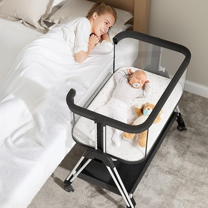 Baby Bassinet Bedside Sleeper with Wheels, Storage Tray, 4-Sided Mesh, 7-Height Adjustable, Easy-Fold Crib for Newborns