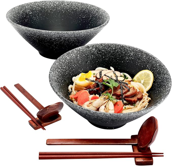 VUDECO 50oz Black Ceramic Ramen Bowl Set(Set of 2) – Includes Chopsticks, Spoons & Rests – Microwave-Safe Bowls for Ramen, Pho, Udon, Salad, Soup or Cereal