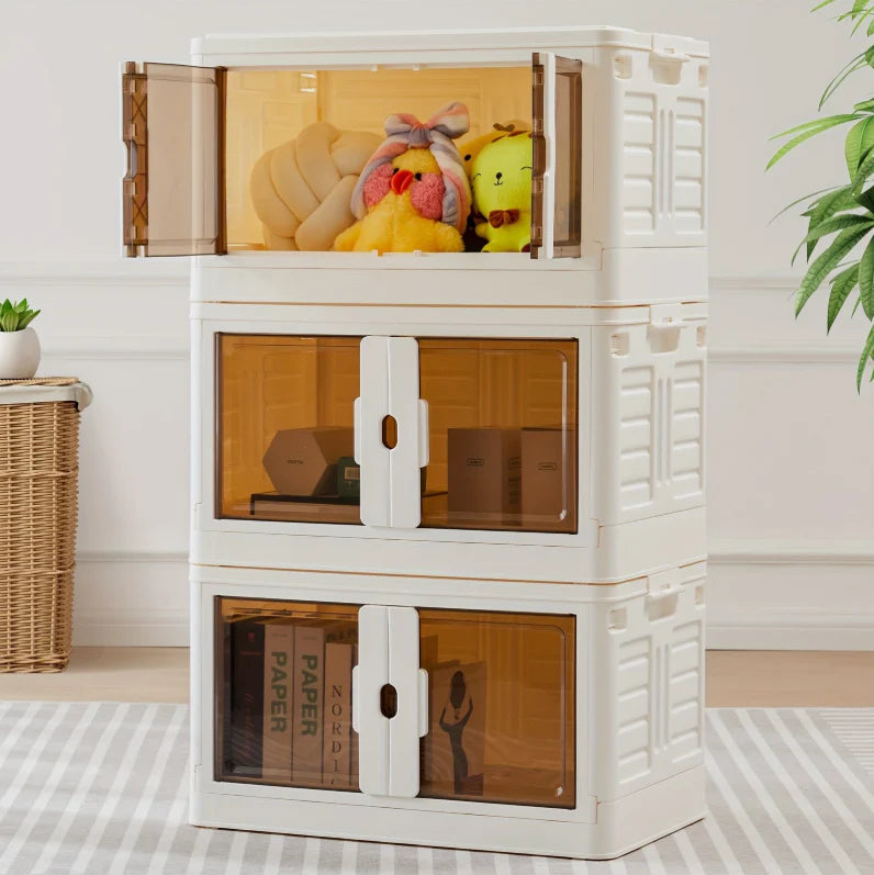 3-Tier Stackable Plastic Storage Bins With Lids Foldable Storage Boxes With Doors &amp; Wheels 80QT/ 76L