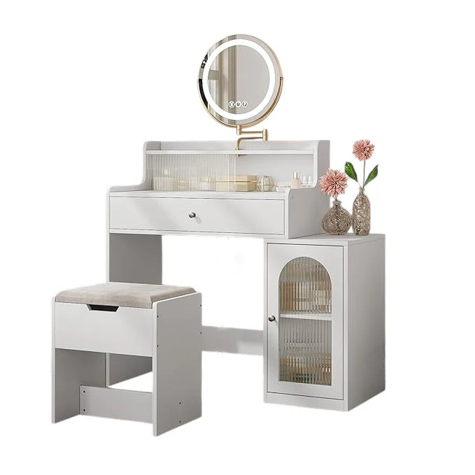 Modern White Makeup Table Desk with Stool and 360° Rotating LED Mirror with 3 LED Light Modes and Elegant Striped Glass Doors