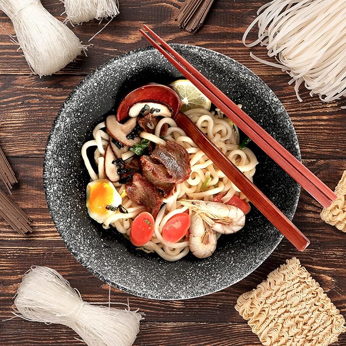 VUDECO 50oz Black Ceramic Ramen Bowl Set(Set of 2) – Includes Chopsticks, Spoons & Rests – Microwave-Safe Bowls for Ramen, Pho, Udon, Salad, Soup or Cereal