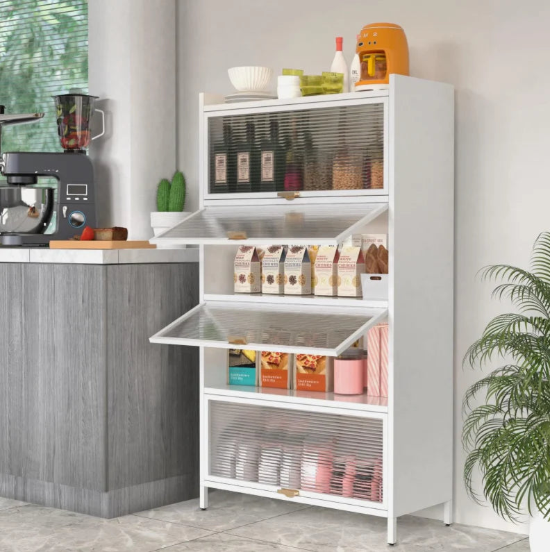 Multi - Level Storage Kitchen Pantry Storage Cabinet, Freestanding Kitchen Bakers Rack, Metal Material for Dining, Living and Office (4 Flip Doors with 5 Levels, 5 Flip Doors with 6 Levels )