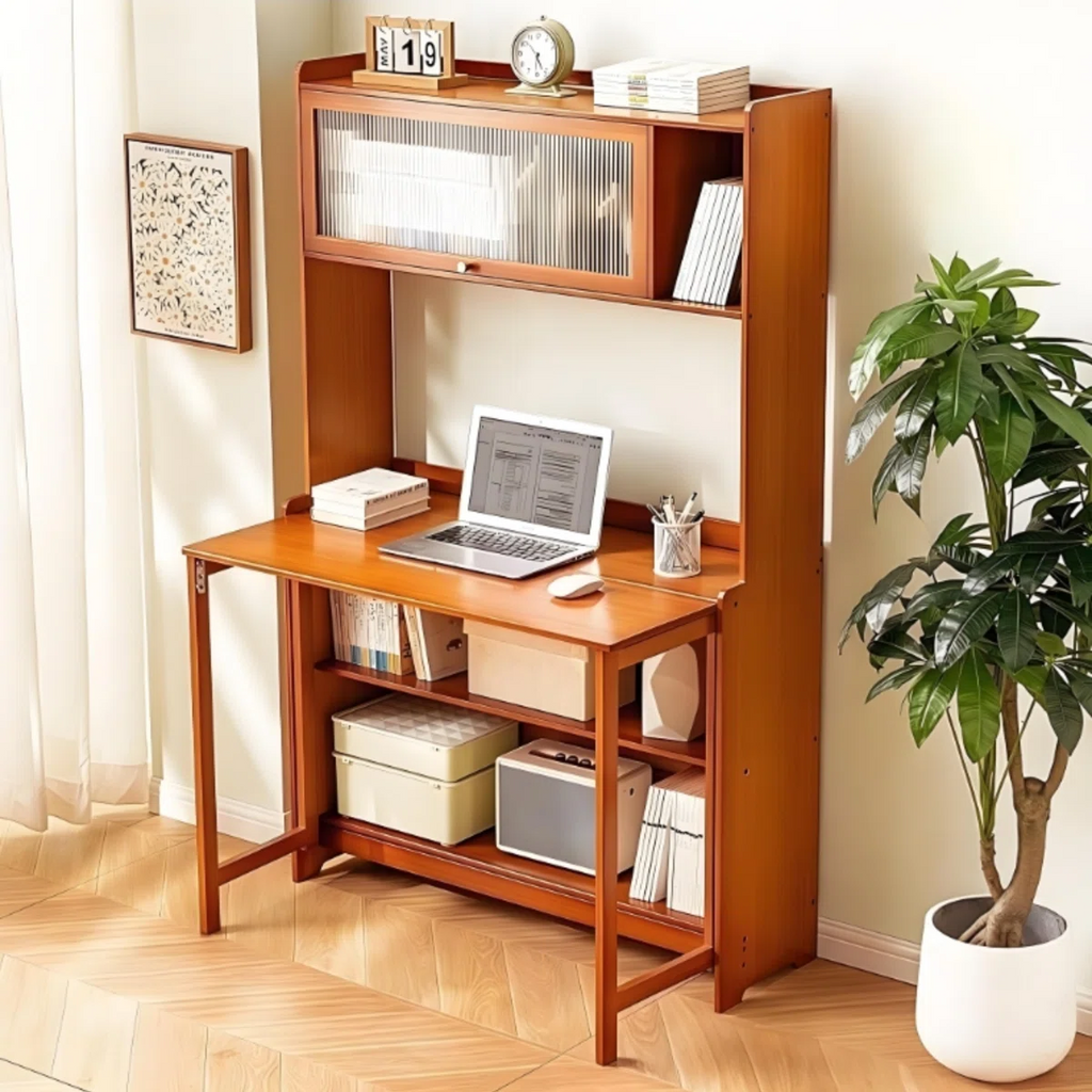 Compact Bamboo Computer Desk with Bookshelf and Flip-Top Storage – Ideal for Home Office, Bedroom, or Small Spaces