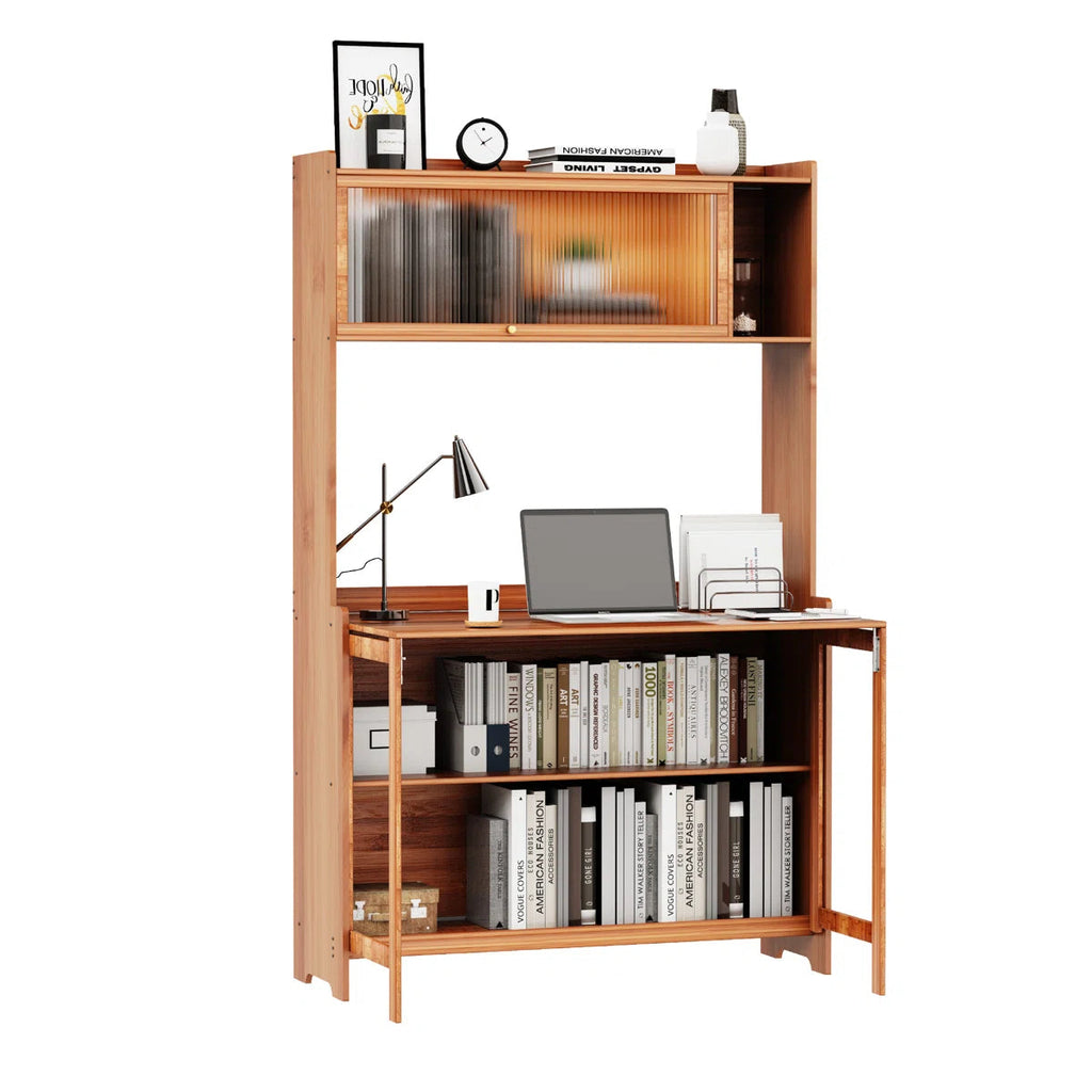 Compact Bamboo Computer Desk with Bookshelf and Flip-Top Storage – Ideal for Home Office, Bedroom, or Small Spaces
