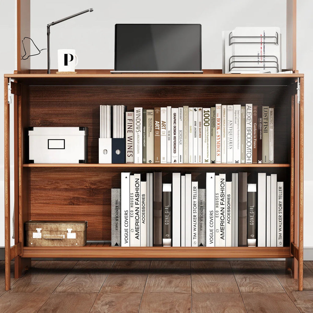 Compact Bamboo Computer Desk with Bookshelf and Flip-Top Storage – Ideal for Home Office, Bedroom, or Small Spaces