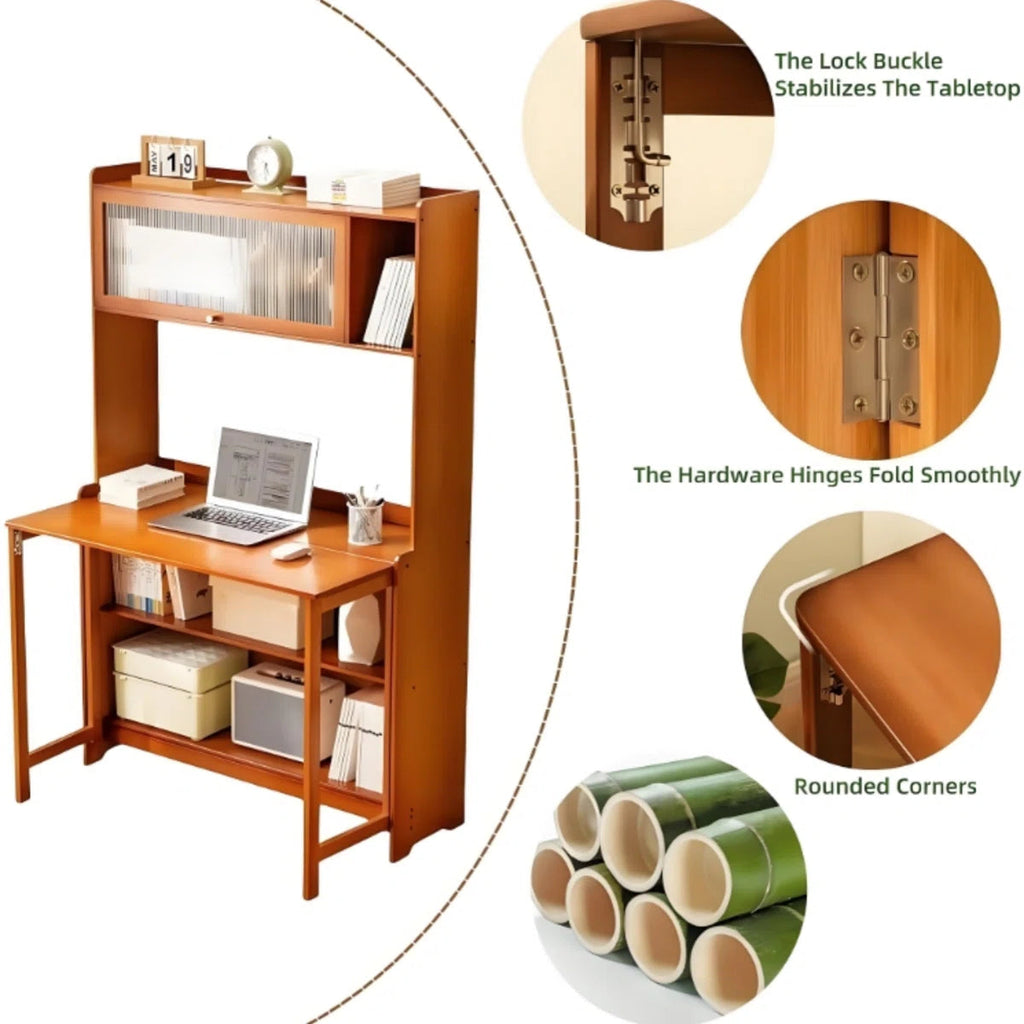 Compact Bamboo Computer Desk with Bookshelf and Flip-Top Storage – Ideal for Home Office, Bedroom, or Small Spaces