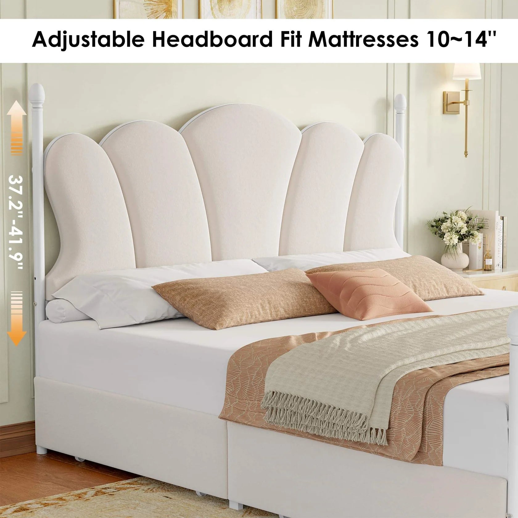 Velvet Upholstered Full-Size Bed Frame with 4 Storage Drawers, Cloud-Shaped Headboard, Sturdy Metal Slat Support, No Box Spring Required, Beige